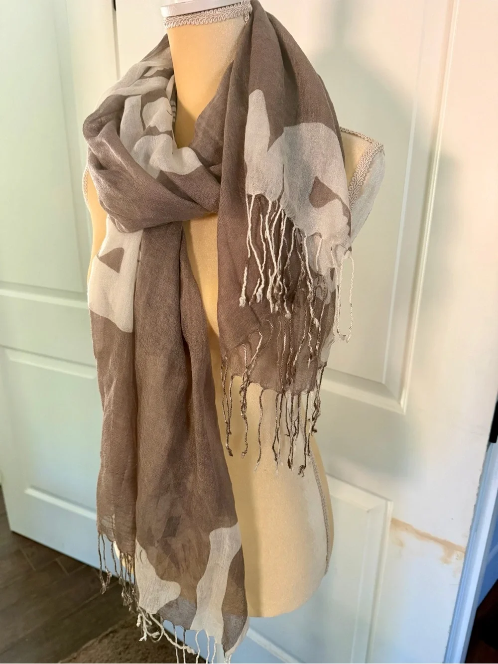 LOOK by M silk blend fringe scarf brown cream gorgeous OS